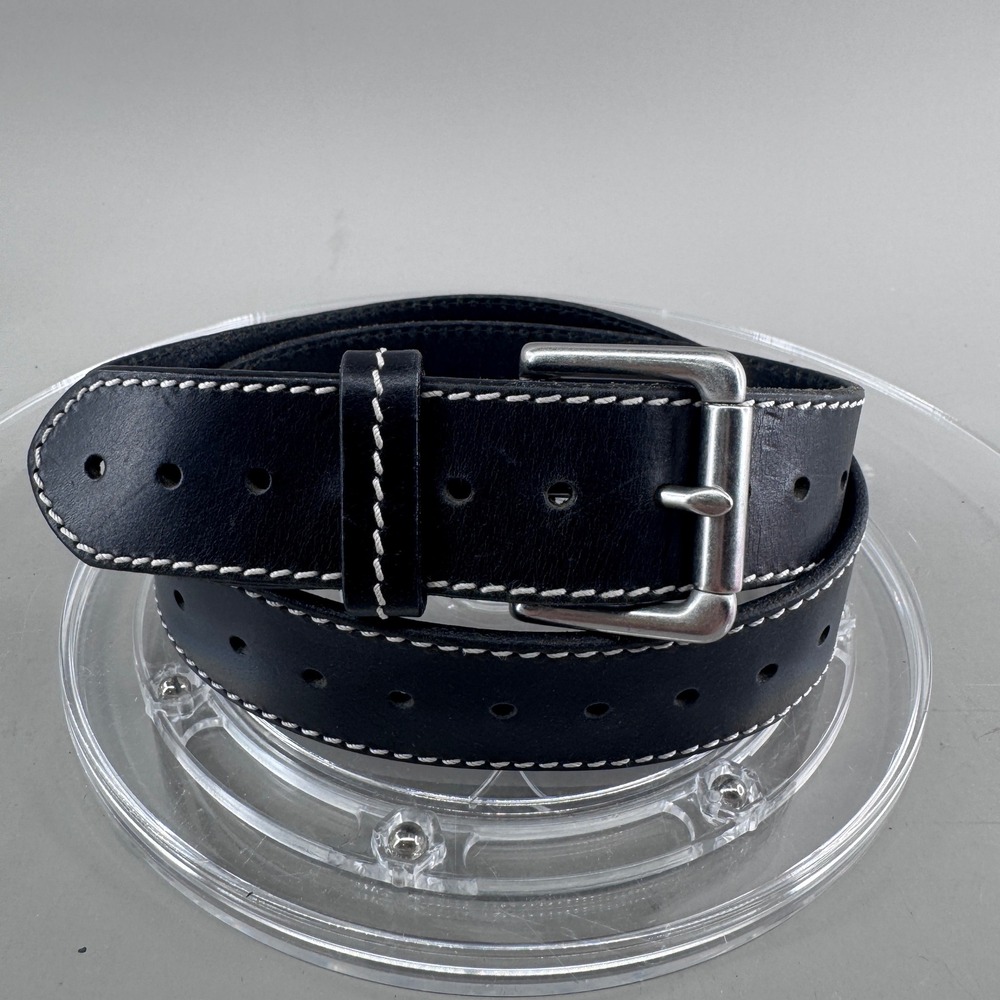 Genuine Italian Leather Belt Black Contrast Stitch Silver Buckle S/M USA Made